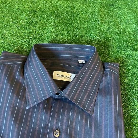 Far East Men's Button Down Long Sleeve Classic Fit Stripes Black Shirt Size 17 - Picture 2 of 11